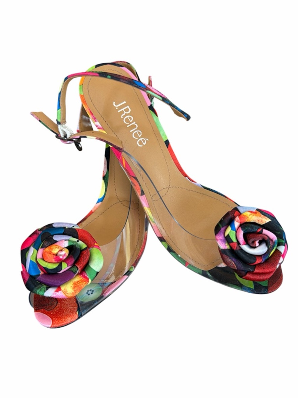 J.Renee Multicolor Floral Rosette Clear Slingback Block Heel Size 8